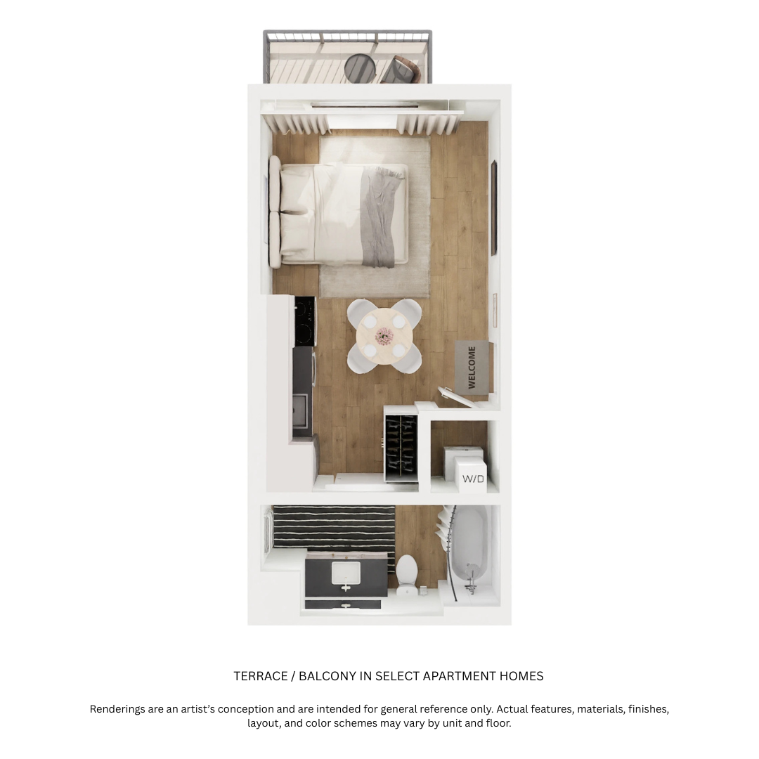Floor plan for studio, 1 bath, 373 sqft